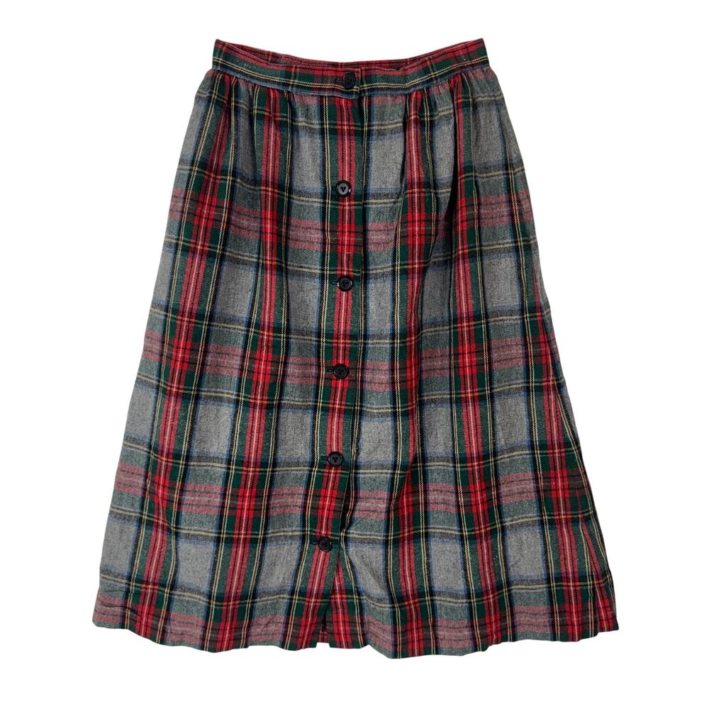 Vintage 80s Handmade Wool Plaid Skirt Button Front Pockets Lined 24W XS Academia
